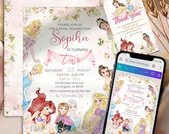 Editable Princess Birthday Invitation | Pink and Gold Royal Party Invite | Watercolor Canva Template
