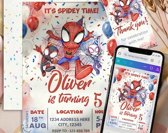Watercolor Spidey Invitation | Spidey and Friends Birthday | Editable Canva Template