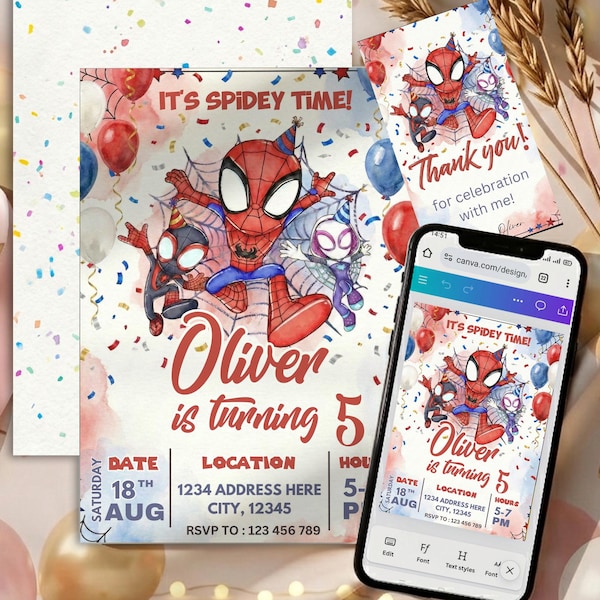 Może przedstawiać: Zaproszenie na urodziny z Spider-Manem i przyjaciółmi. Zaproszenie zawiera tekst "It's Spidey Time!" i "Oliver kończy 5 lat." Dodatkowe elementy to balony i kartka z podziękowaniami.