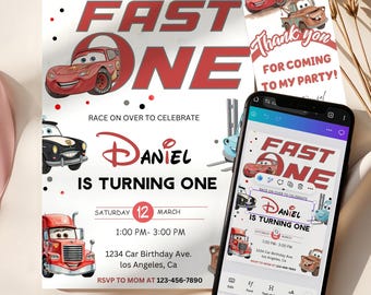 Cars first birthday invitation, Editable Lightning Mcqueen Fast One Invitation