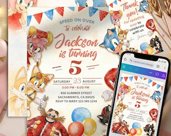 Sonic Watercolor Birthday Invitation, Editable Canva Template, Instant Download