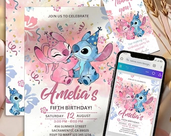 Stitch and Angel Birthday Invitation | Editable Canva Template