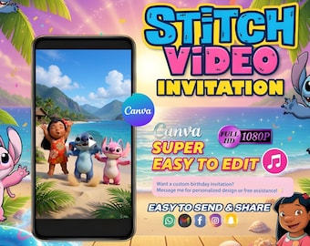Lilo & Stitch Birthday Video Invitation, Editable Canva Digital Invite, Kids Animated Party Invite