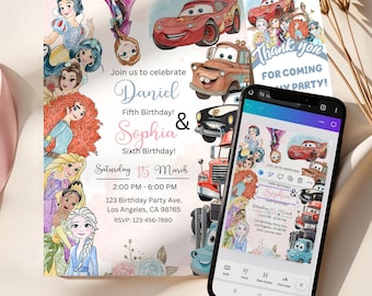 Editable Princesses and Cars Birthday Invitation, Joint Party Invite