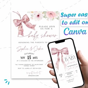 Pink Bow Baby Shower Invitation: Coquette Floral Template (Digital Download)