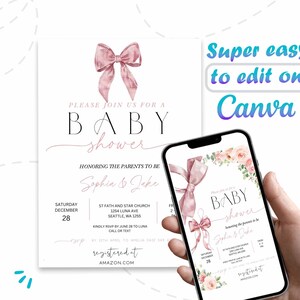 Pink Bow Baby Shower Invitation: Coquette Floral Template (Digital Download)