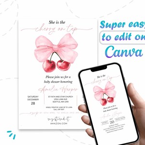 Cherry Baby Shower Invitation: Pink Bow Coquette Theme (Printable Template)