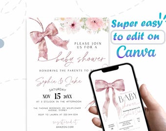 Pink Bow Baby Shower Invitation: Coquette Floral Template (Digital Download)