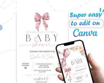 Pink Bow Baby Shower Invitation: Coquette Floral Template (Digital Download)