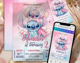 Stitch and Angel Birthday Invitation | Editable Canva Template