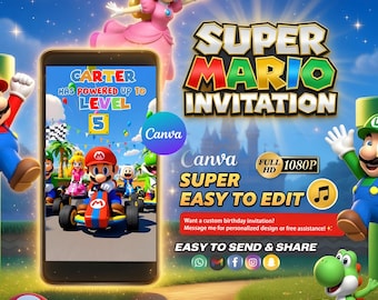 Super Mario Kart Birthday Video Invitation, Editable Canva Template