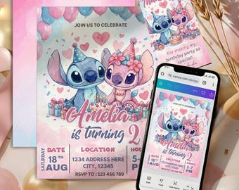 Angel and Stitch Birthday Invite | Girl Party Invitation | Editable Template Any Age