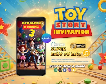 Toy Story Birthday Video Invitation, Editable Canva Template, Digital Party Invite for Kids