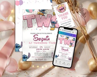 Stitch and Angel 2nd Birthday Invitation | Pink TWO | Canva Template