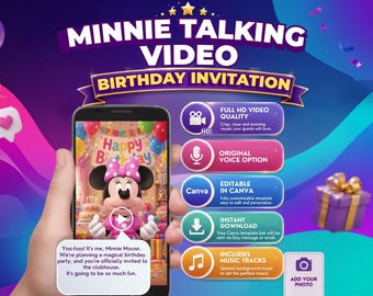 Minnie Mouse Video Invitation | Animated Birthday Evite | Pink Canva Template