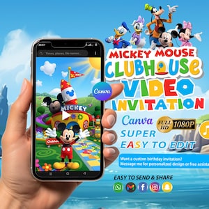 Puede incluir: Un teléfono inteligente muestra una invitación en vídeo de "Mickey Mouse Clubhouse". La imagen presenta a Mickey Mouse y otros personajes de dibujos animados. El texto incluye "Canva", "Super Fácil de Editar" y "Fácil de Enviar y Compartir".