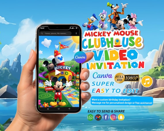 Mickey Mouse Clubhouse Birthday Video Invitation, Editable Canva Template, Personalized Kids Party Invite