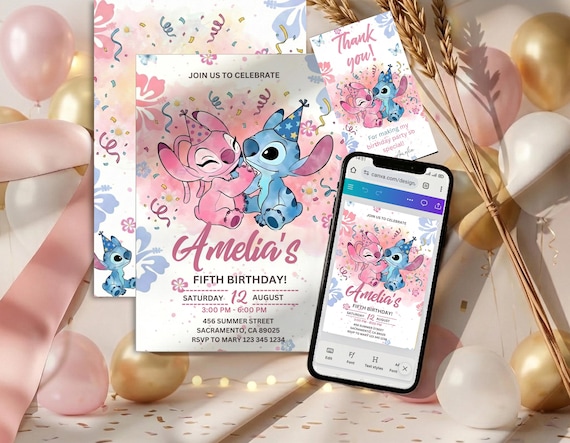 Stitch and Angel Birthday Invitation | Editable Canva Template