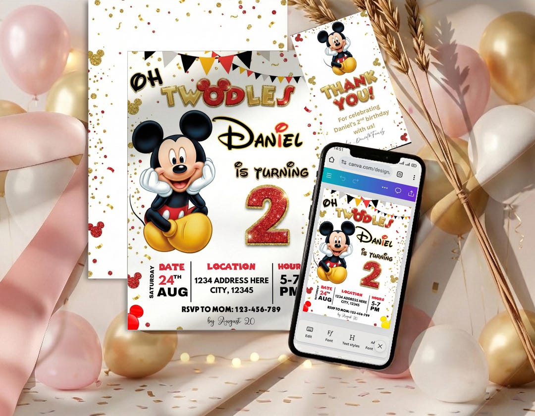 Oh Twodles Birthday Invitation Mickey Mouse 2nd Birthday Editable