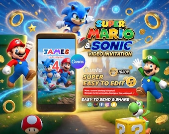 Super Mario & Sonic Birthday Video Invitation, Editable Canva Template, Digital Download