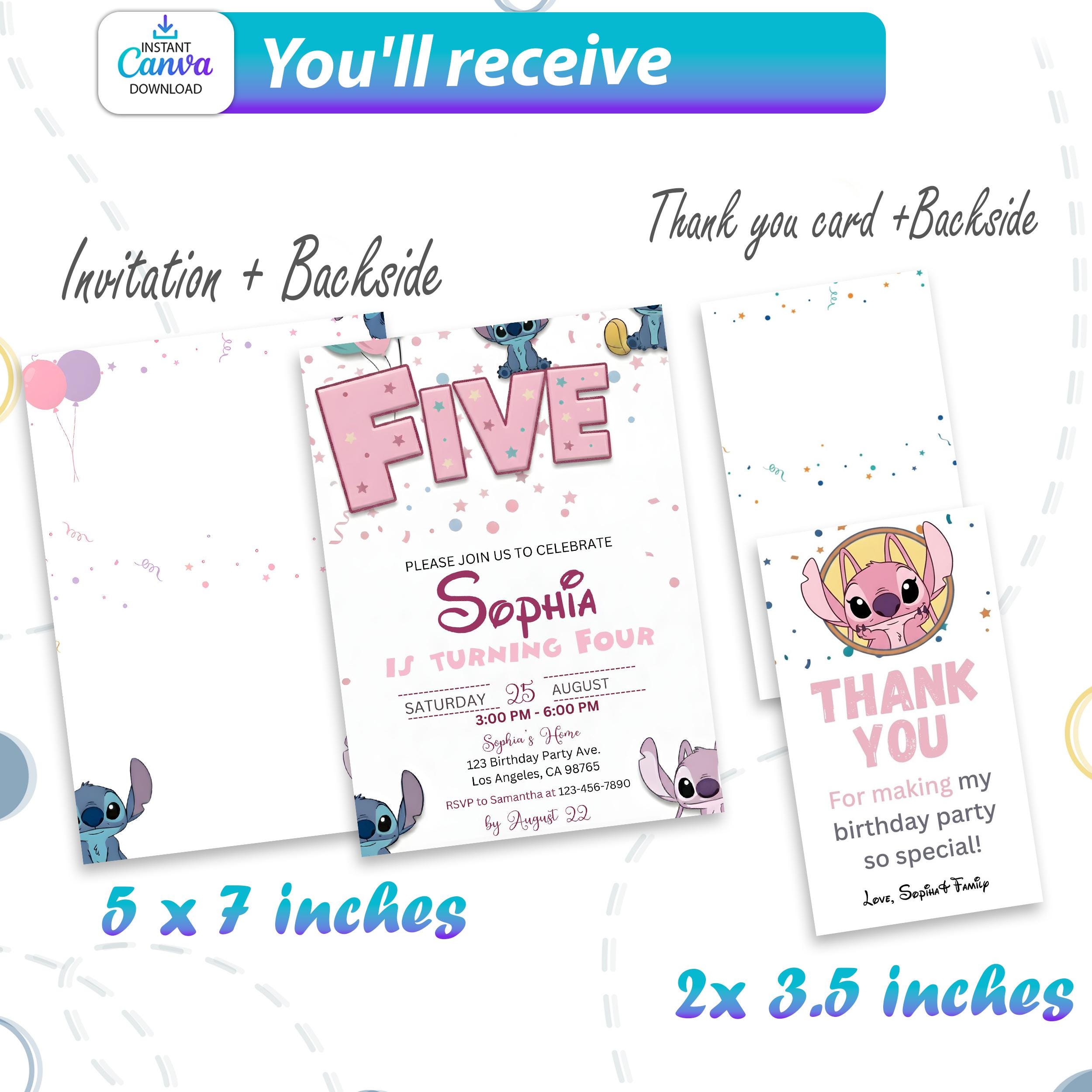 Stitch and Angel 5th Birthday Invitation | Pink FIVE | Canva