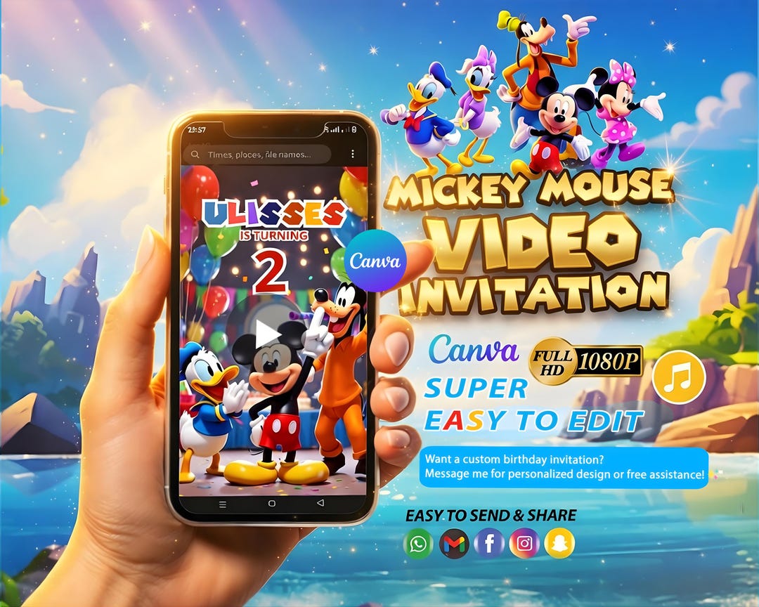 Mickey Mouse Birthday Video Invitation | Editable Canva Template ...