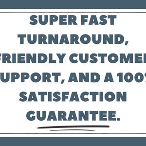 May include: A white rectangular sign with a black border and dark teal text. The text reads: "SUPER FAST TURNAROUND, FRIENDLY CUSTOMER SUPPORT, AND A 100% SATISFACTION GUARANTEE." The sign is set against a dark teal background.