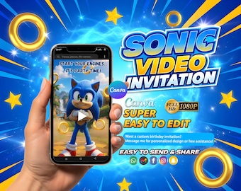 Sonic Birthday Video Invitation, Editable Canva Template, Animated Digital Kids Party Evite