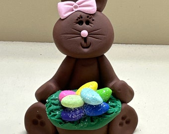 Ceramic Chocolate Easter Bunny sitting With Basket - Etsy