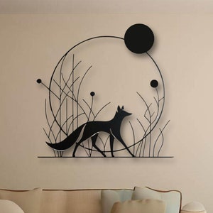 Decorazione murale in metallo con volpe e luna, decorazione murale in acciaio nero ispirata alla natura, decorazione murale unica con animali per il soggiorno, accento mistico a tema foresta.