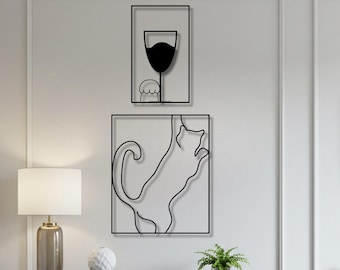Unique Cat and Wine Metal Wall Art