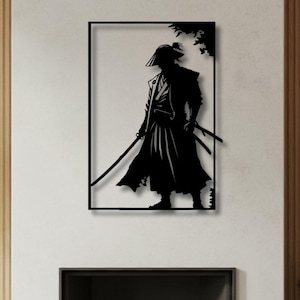Japanese Warrior Metal Wall Art, Samurai Metal Wall Decor, Bushido Katana Silhouette, Black Steel Samurai Warrior Wall Hanging