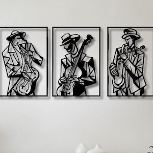 Abstract Jazz Musician Metal Wall Art, Abstract Set of Three Decor, Musician Trio Metal Artwork, Black Steel Jazz Band Wall Hanging