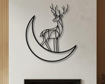 Minimalist Crescent Moon and Deer Metal Wall Art