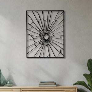 Shattered Mirror Metal Wall Art, Abstract Cracked Glass Effect Wall Hanging, Modern Industrial Black Steel Decor