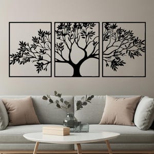 Large 3-Piece Tree of Life Metal Wall Art, Black Steel Tree Wall Decor, Nature-Inspired Modern Home Decoration, Minimalist Tree Wall Hanging