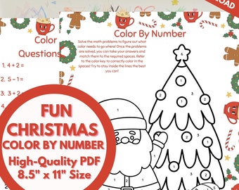 Op de afbeelding: Een printbaar kleur-per-nummer-activiteitsblad met kerstthema met de kerstman, een kerstboom en een elf. Het blad bevat eenvoudige rekenproblemen om op te lossen en een kleursleutel. Het blad is 8,5 inch bij 11 inch.