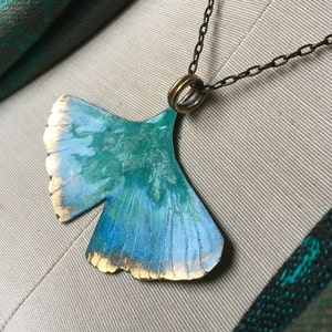Ginkgo pendant necklace, ginkgo necklace, leaf jewelry, teal leaf, teal necklace, ginkgo leaf necklace, gingko leaf, ginkgo long necklace