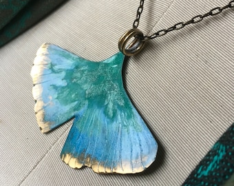 Ginkgo pendant necklace, ginkgo necklace, leaf jewelry, teal leaf, teal necklace, ginkgo leaf necklace, gingko leaf, ginkgo long necklace