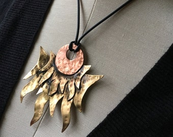 Sun and moon pendant, copper and bronze jewelry, wearable art necklace, hammered copper moon, metal work jewelry, sun necklace, moon gift