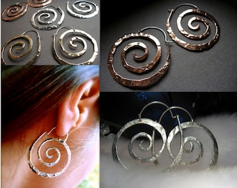 Medium ancient spiral, hoop earrings, spiral earrings, charm holder earrings, spiral goddess, spiral jewelry, spiral hoops, swirl earrings