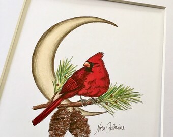 Cardinal art, moon art, bird lover gift, red bird, bereavement, sympathy, memorial gift, bird art, cardinal print, nature lover, cardinal