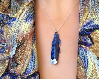 Bluejay feather necklace, blue feather necklace, memorial jewelry, jay feather pendant, bluejay necklace, metal feather, jay feather