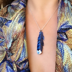 Bluejay feather necklace, blue feather necklace, memorial jewelry, jay feather pendant, bluejay necklace, metal feather, jay feather