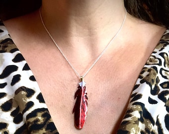 Cardinal feather necklace, feather necklace, red bird jewelry, cardinal jewelry, cardinal necklace, bird lover gift, sympathy gift, red bird