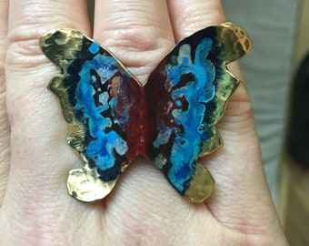 Vibrant butterfly Ring - adjustable sterling band