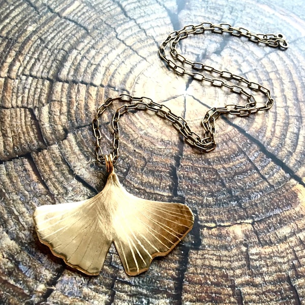 XL Ginkgo leaf necklace, ginkgo pendant, gold ginkgo, bronze jewelry, statement jewelry, artisan jewelry, peace, love,