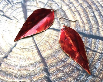 Red leaf earrings, metal earrings, dangle leaf earrings, bronze leaf earrings, leaf jewelry, fall color, fall style, botanical jewelry