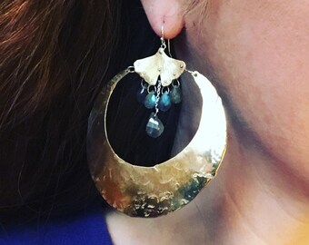 Ginkgo crescent chandelier earrings, ginkgo earrings, labradorite jewelry, labradorite earrings, statement earrings, gemstone earrings