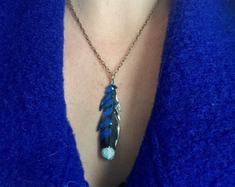 Blue jay feather necklace, blue feather necklace, memorial jewelry, jay feather pendant, bluejay necklace, metal  blue feather , jay feather
